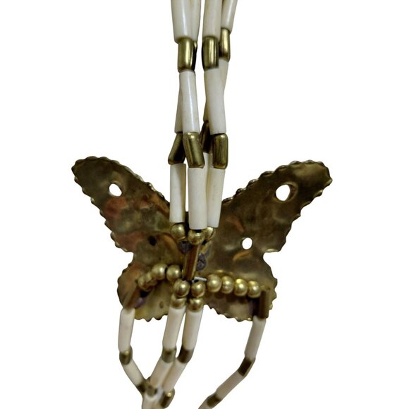 Vintage Multi-Strand White & Brass Beaded Brass Butterfly Pendant Necklace 24" - Picture 6 of 11